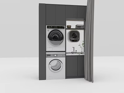 Modern Gray Bathroom Cabinet with Washing Machine Dryer and Storage Design 3d model