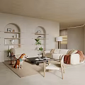 Warm Modern Living Room With Arched Built In Shelves Soft Sofa And Black Coffee Table