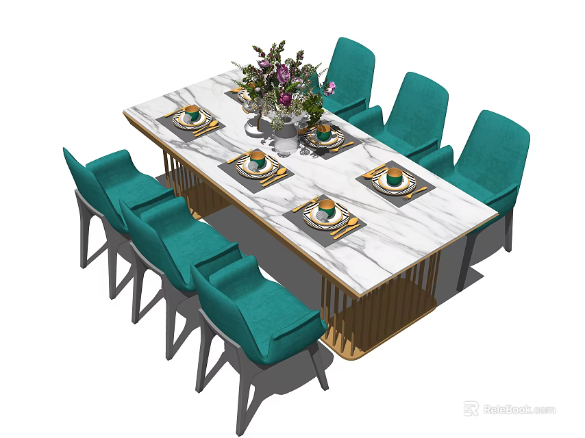 Modern Dining Table Set With Marble Top Teal Chairs Flower Vase And Tableware 3d model
