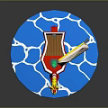 Small Red Water Transport Boat With Yellow Character Green Mast White Sail And Green Leaf