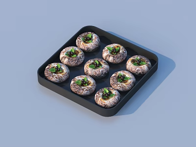 Eight Stuffed Mushrooms on Black Tray Topped with Fresh Green Herbs 3d model