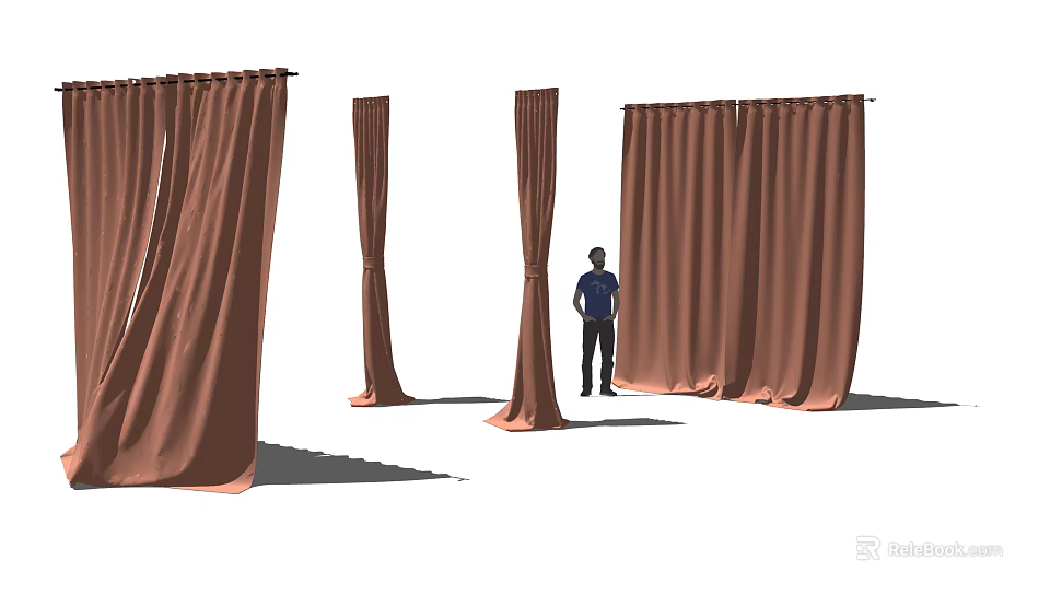 Brown Curtains In Different Styles Displayed With Human Figure For Size Reference 3d model 