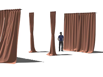 Brown Curtains In Different Styles Displayed With Human Figure For Size Reference 3d model