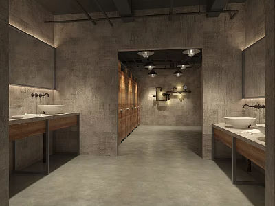 Public Restroom Modern Interior Design With Concrete Walls Wooden Stalls Mirrors And Washbasins 3d model