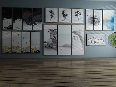 Chinese Style Decorative Paintings On Gray Wall With Wooden Floor And Art 3d model