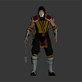 Armored Warrior Character Standing With Black Hood Yellow Red Armor And Weapon On Gray Background