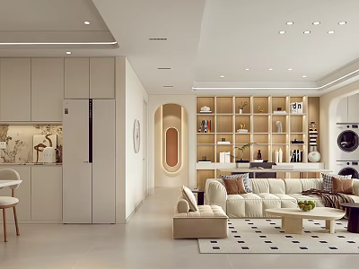 Modern Living and Dining Area Interior Design With Open Layout Sofa Coffee Table And Shelves 3d model