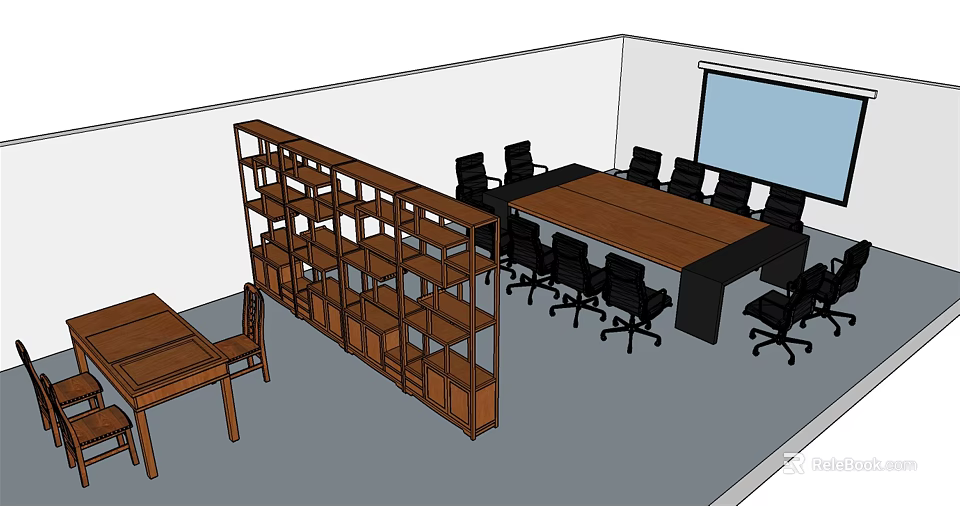 Conference Table with Black Office Chairs Wooden Bookshelf and Projection Screen 3d model 