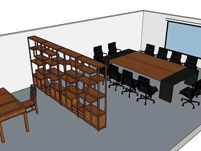Conference Table with Black Office Chairs Wooden Bookshelf and Projection Screen 3d model