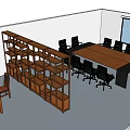 Conference Table with Black Office Chairs Wooden Bookshelf and Projection Screen
