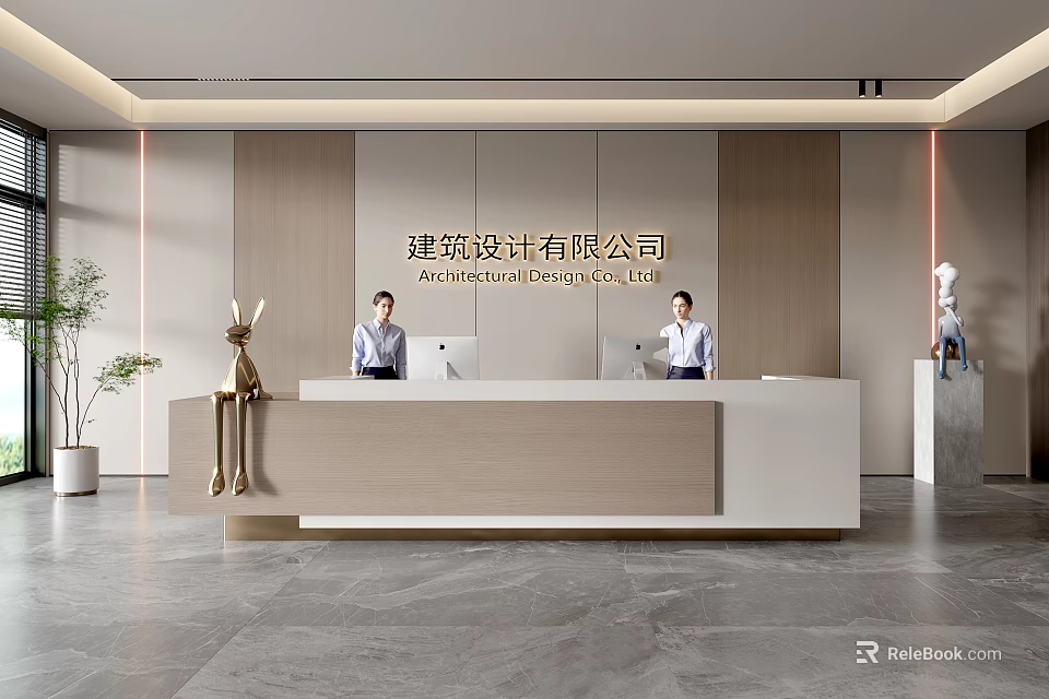Modern Reception Desk In Corporate Office With Receptionists Wooden White Design And Plants 3d model 