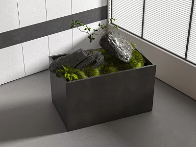 Indoor Decorative Planter with Green Moss Stones and Small Plant in Modern Interior Space 3d model
