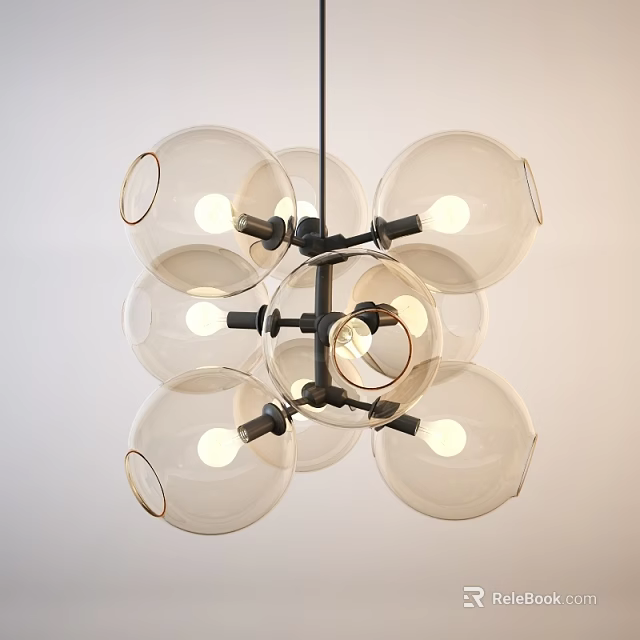 Unique Shape Chandelier With Glass Globes And Illuminated Light Bulbs For Interior Decor 3d model 