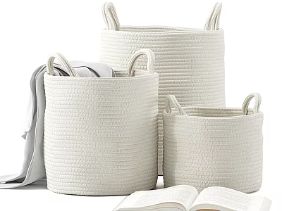 White Woven Bathroom Storage Baskets With Handles 3d model