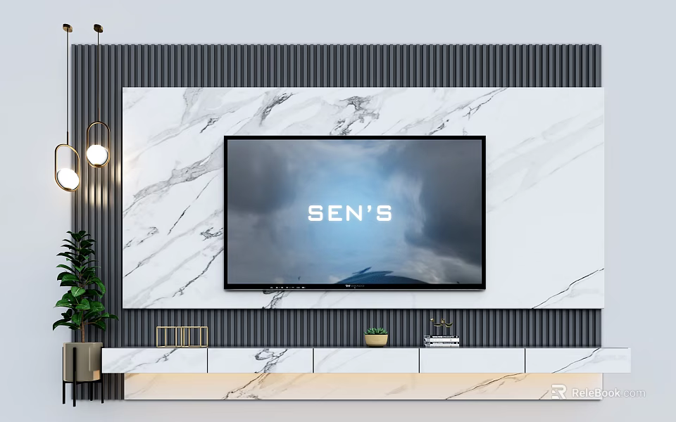 Modern TV Background Wall With Marble Surface Flat Screen TV And Striped Panels 3d model