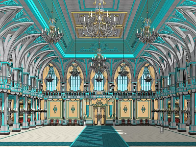 Ancient Architectural Hall Interior With Ornate Chandeliers Arched Windows And Colorful Ceiling 3d model