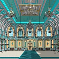 Ancient Architectural Hall Interior With Ornate Chandeliers Arched Windows And Colorful Ceiling