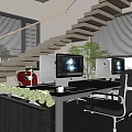 Modern Public Office Space With Work Desks Computers Chairs Green Plants Staircase And Blinds