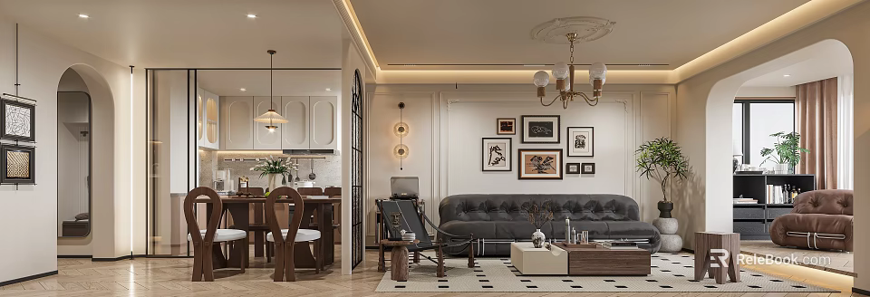 Elegant Vintage Open Living And Dining Room Interior With Classic Furniture And Exquisite Wall Decor 3d model 