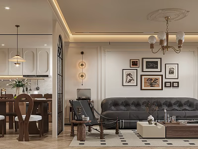 Elegant Vintage Open Living And Dining Room Interior With Classic Furniture And Exquisite Wall Decor 3d model