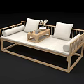 Simple Modern Wooden Daybed with White Cushions and Tea Table Vase Flowers