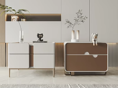 Modern White And Brown Bedside Tables With Drawers Decorative Vases And Small Plants 3d model