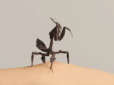 Praying Mantis Perched On Human Skin Against Light Gray Background 3d model