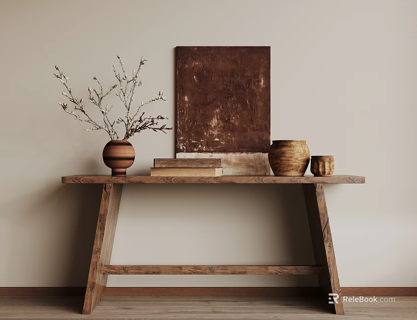 Wooden Console Table Against Beige Wall With Vase Branches Books And Woven Basket Decor 3d model 