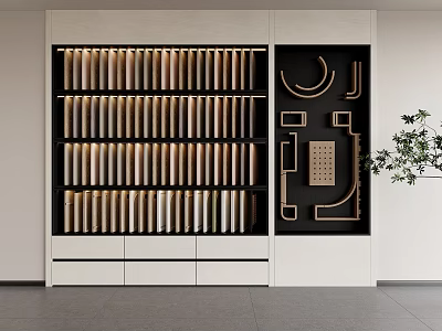 Modern Display Cabinet Featuring Layered Strip Items Various Shaped Wooden Accessories Bottom Drawers And Plant 3d model