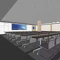 Modern Conference Room With Large Screens Tables And Chairs In Grid Ceiling Design