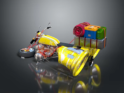 Vintage Yellow Motorcycle With Sidecar Loaded With Colorful Storage Boxes 3d model