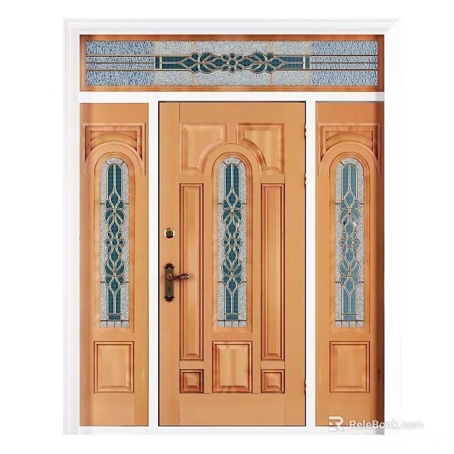 Wooden Front Door With Ornate Glass Panels And Decorative Top Transom Design 3d model 