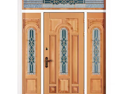 Wooden Front Door With Ornate Glass Panels And Decorative Top Transom Design 3d model
