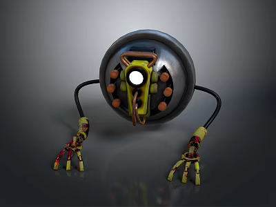Mechanical Robot Character With Spherical Head Central White Circle And Clawed Arms 3d model
