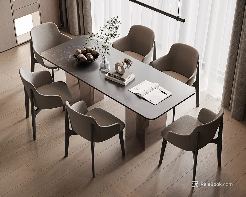 Modern Dining Table Set With Six Gray Chairs Decorative Fruit Bowl Potted Plant And Open Book 3d model 