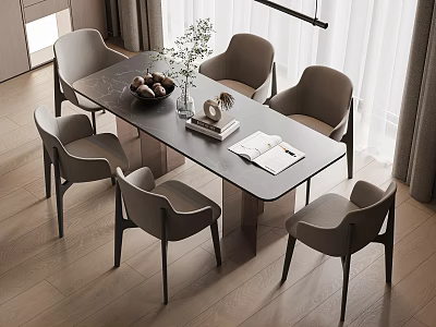 Modern Dining Table Set With Six Gray Chairs Decorative Fruit Bowl Potted Plant And Open Book 3d model
