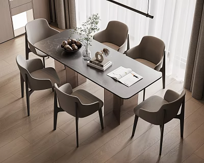 Modern Dining Table Set With Six Gray Chairs Decorative Fruit Bowl Potted Plant And Open Book 3d model