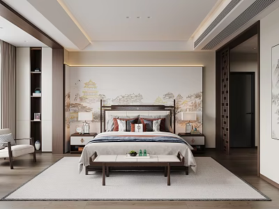 Elegant Traditional Chinese Bedroom Interior With Landscape Painting Backdrop Wooden Bed And Nightstands 3d model