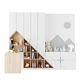 Wooden Desk With Computer Small Plant Near White Storage Cabinets Triangular Shelves And Geometric Wallpaper