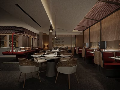 Modern Restaurant Interior With Round Tables Red Seats And Pendant Lighting 3d model