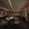 Modern Restaurant Interior With Round Tables Red Seats And Pendant Lighting