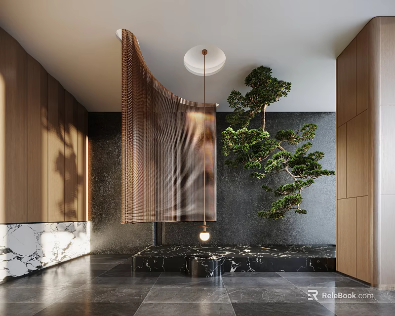 Modern Indoor Garden Decor With Green Pine Plant Wooden Screen Hanging Light And Marble Floor 3d model 