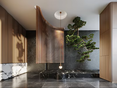 Modern Indoor Garden Decor With Green Pine Plant Wooden Screen Hanging Light And Marble Floor 3d model