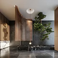 Modern Indoor Garden Decor With Green Pine Plant Wooden Screen Hanging Light And Marble Floor
