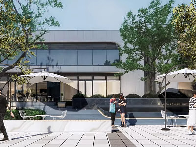 Modern Urban Plaza Landscape With Glass Building Trees White Umbrellas Outdoor Seating And People Gathering 3d model