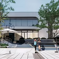 Modern Urban Plaza Landscape With Glass Building Trees White Umbrellas Outdoor Seating And People Gathering