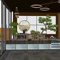 Modern Courtyard Garden With Glass Structure Circular Lighting Lush Plants And Stone Flooring