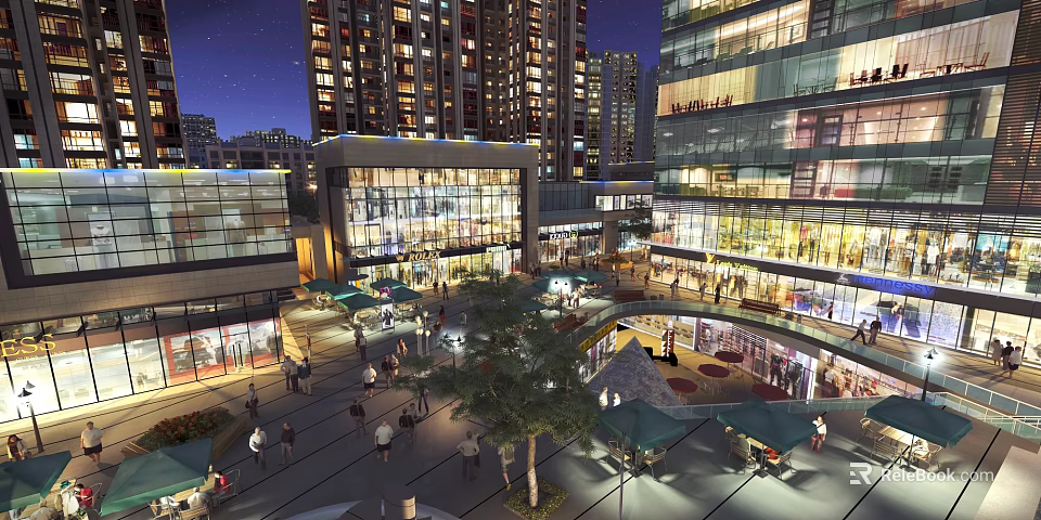 Vibrant Commercial Street Night View With High Rise Buildings Glass Facade Shops And Pedestrians 3d model 