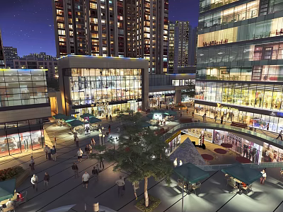 Vibrant Commercial Street Night View With High Rise Buildings Glass Facade Shops And Pedestrians 3d model