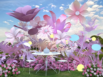 Pink Purple Large Paper Flowers Photo Spot With Table Chairs Grass Sky Clouds 3d model